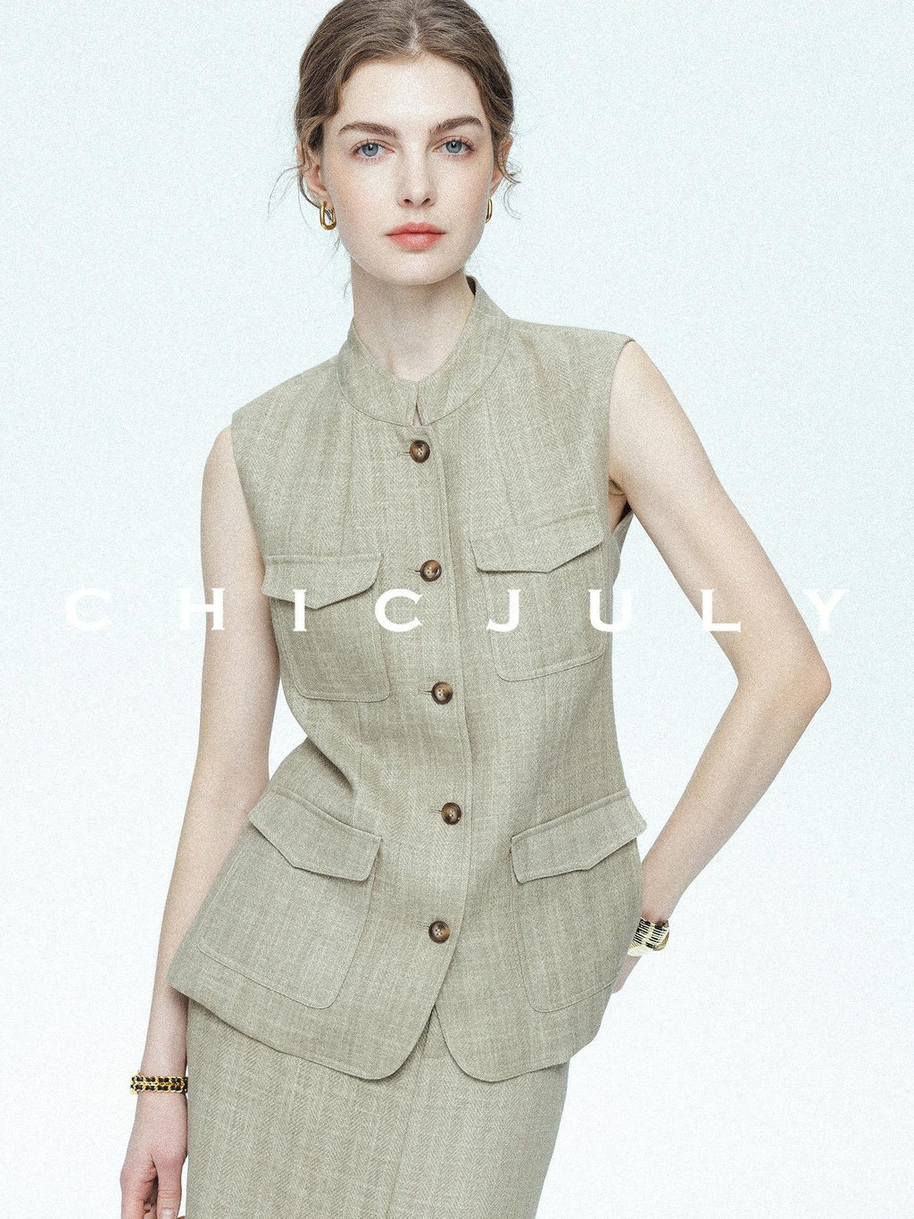 chicjuly Old Money Stand Collar Vest High Waist Skirt Women's Brown Skirt Suits
