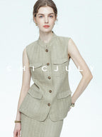 chicjuly Old Money Stand Collar Vest High Waist Skirt Women's Brown Skirt Suits