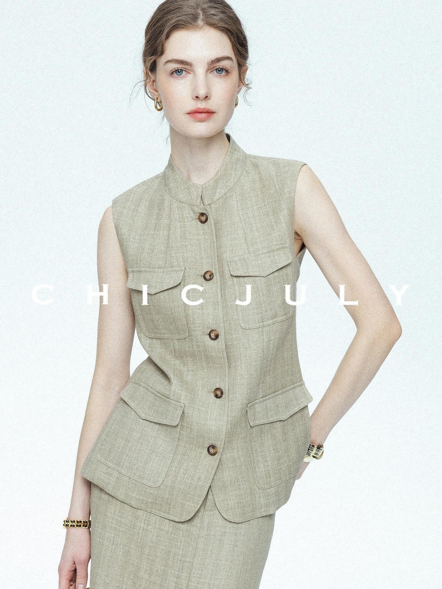 chicjuly Old Money Stand Collar Vest High Waist Skirt Women's Brown Skirt Suits