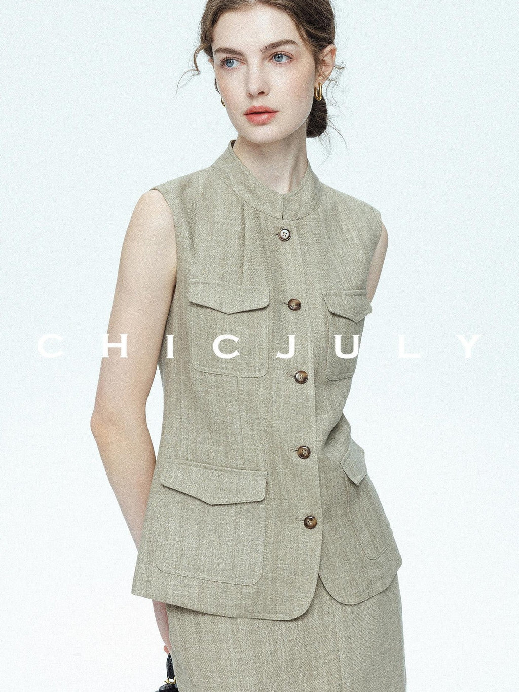 chicjuly Old Money Stand Collar Vest High Waist Skirt Women's Brown Skirt Suits