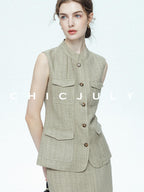 chicjuly Old Money Stand Collar Vest High Waist Skirt Women's Brown Skirt Suits