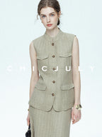 chicjuly Old Money Stand Collar Vest High Waist Skirt Women's Brown Skirt Suits