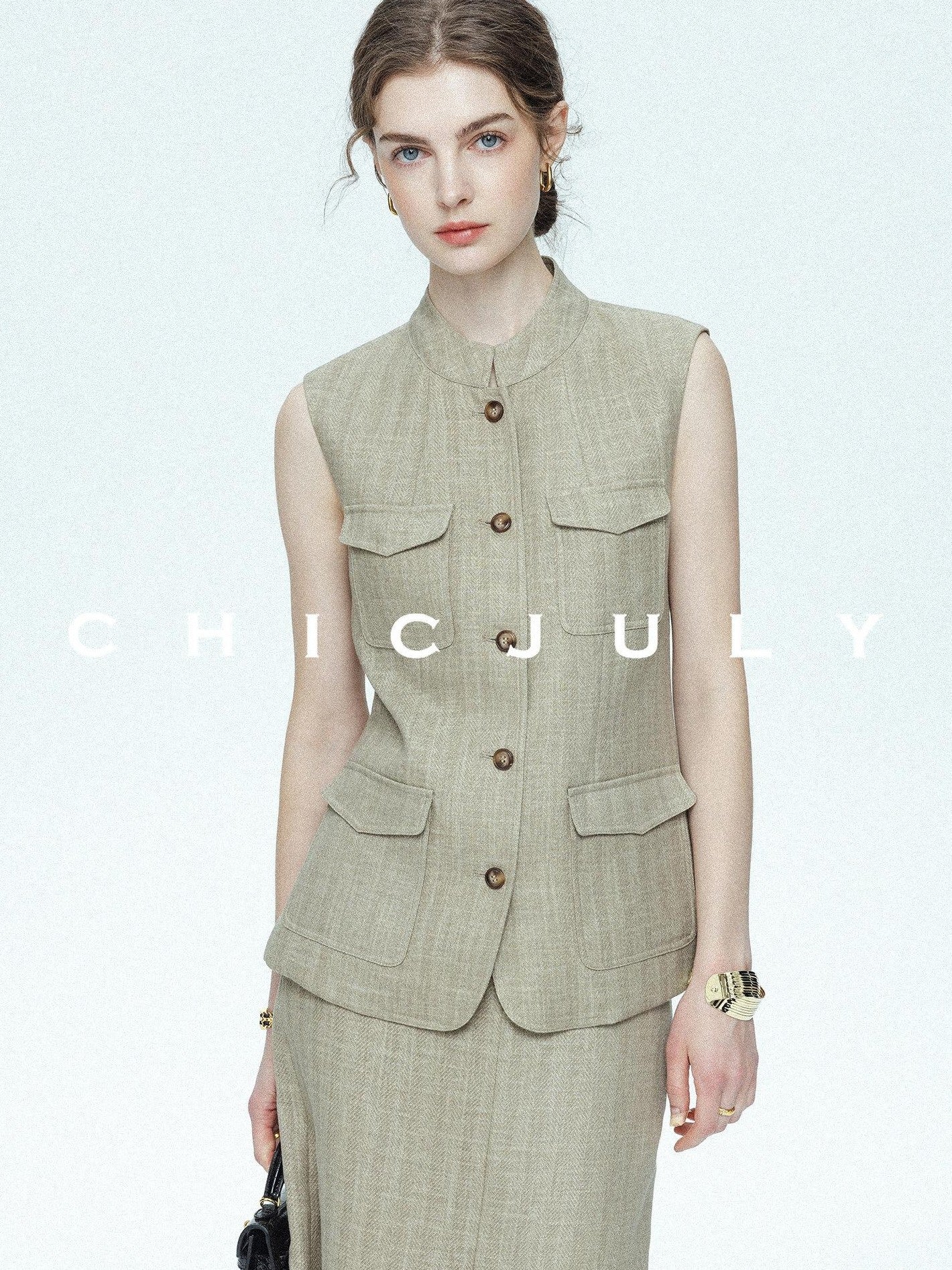 chicjuly Old Money Stand Collar Vest High Waist Skirt Women's Brown Skirt Suits