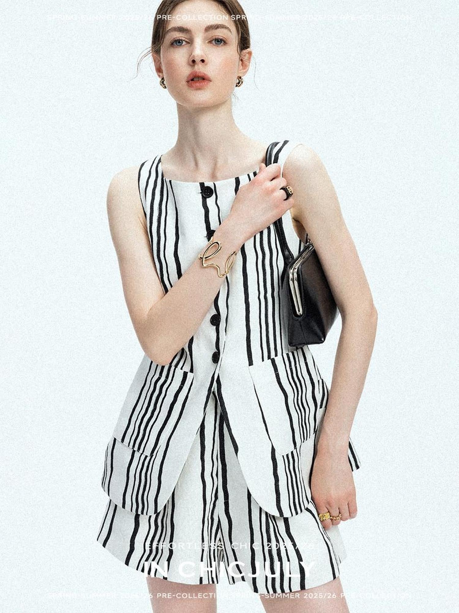 chicjuly Old Money Striped Colorblock Vest And Shorts Women's Pant Suits