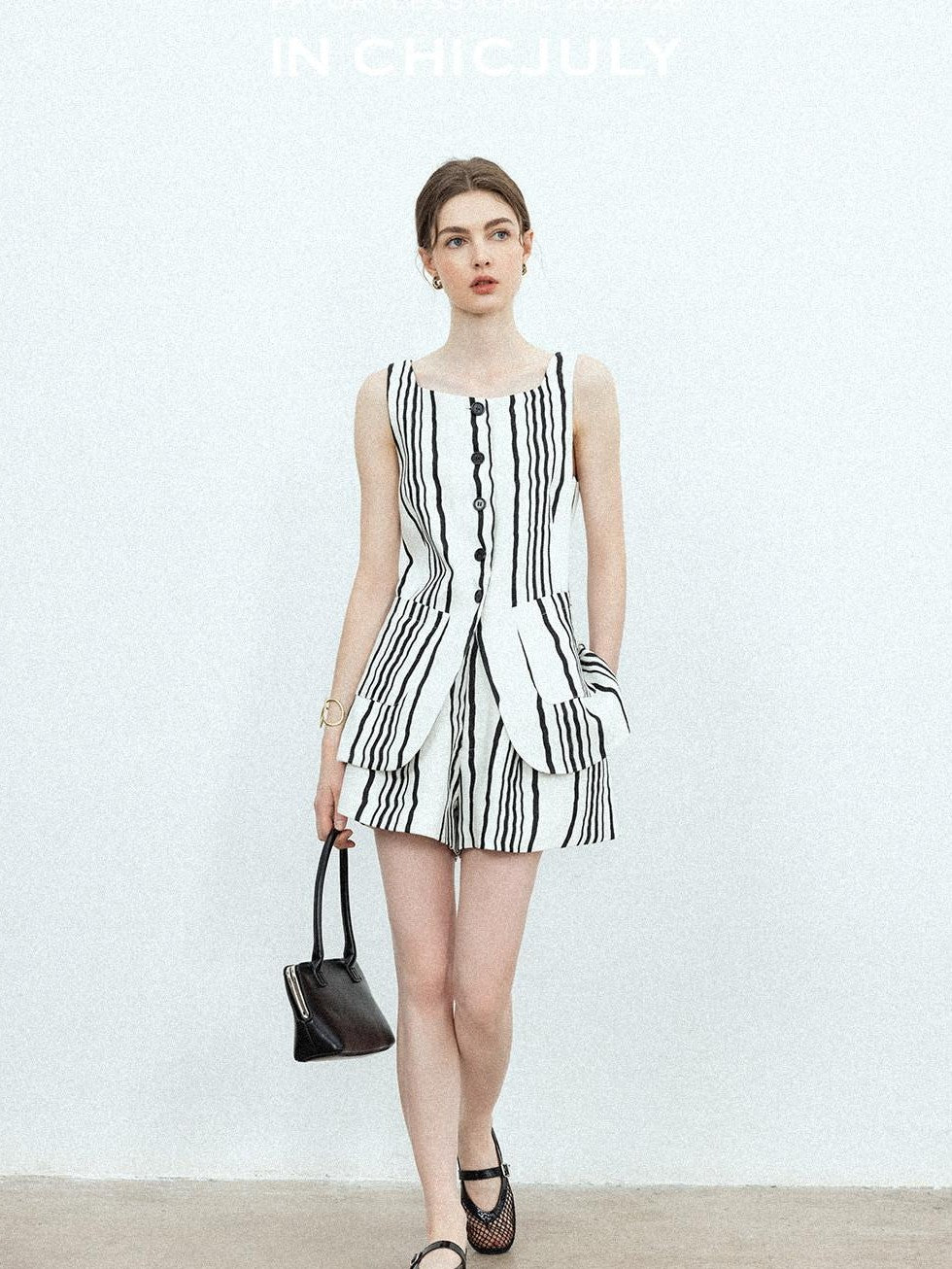 chicjuly Old Money Striped Colorblock Vest And Shorts Women's Pant Suits