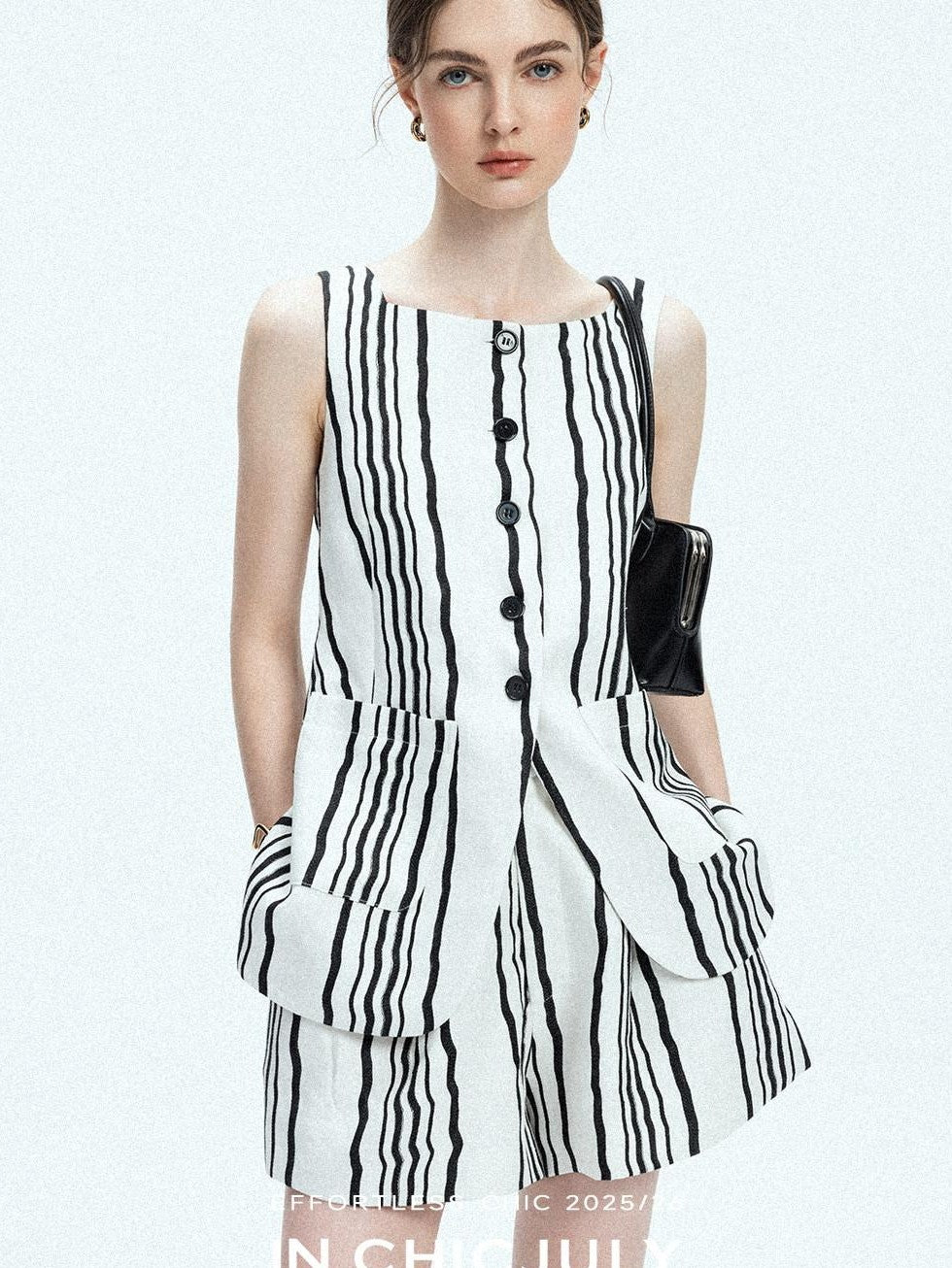 chicjuly Old Money Striped Colorblock Vest And Shorts Women's Pant Suits