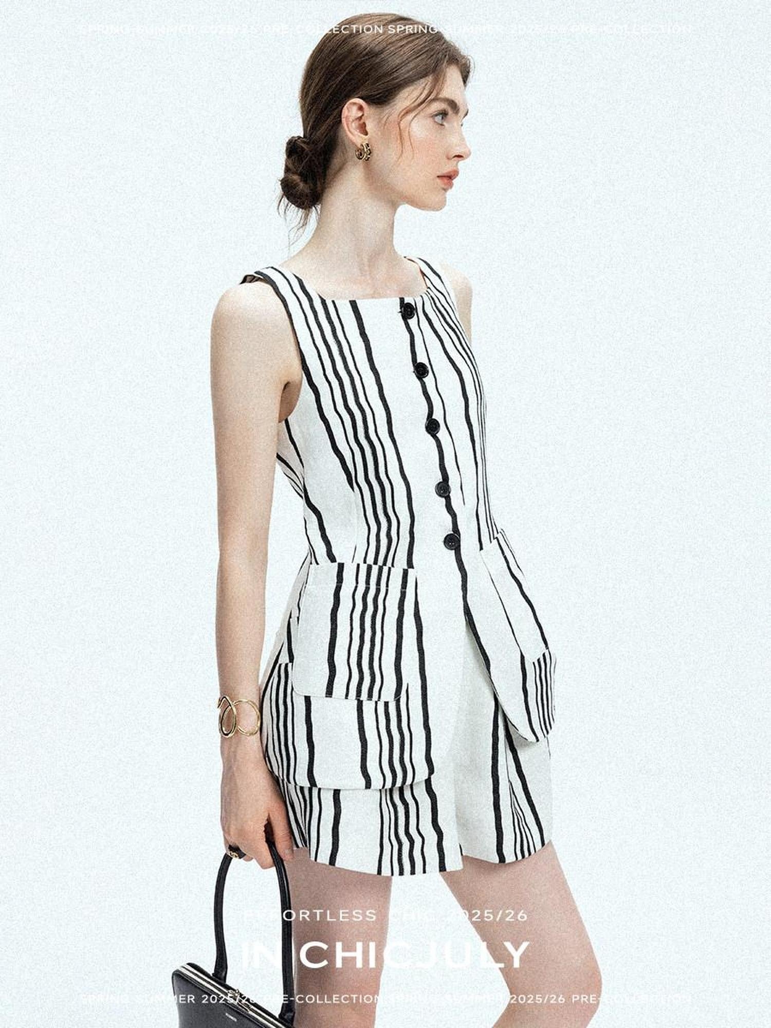 chicjuly Old Money Striped Colorblock Vest And Shorts Women's Pant Suits