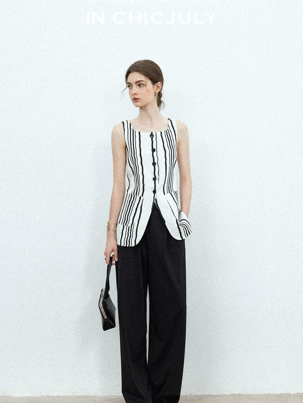 chicjuly Old Money Striped Colorblock Vest And Shorts Women's Pant Suits
