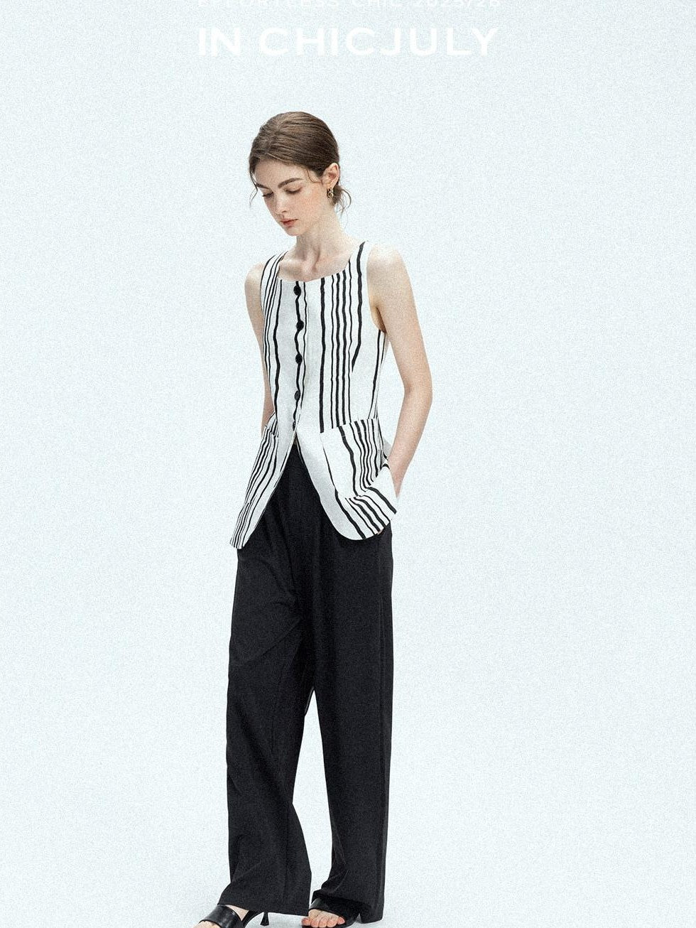 chicjuly Old Money Striped Colorblock Vest And Shorts Women's Pant Suits