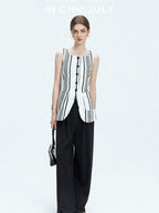 chicjuly Old Money Striped Colorblock Vest And Shorts Women's Pant Suits