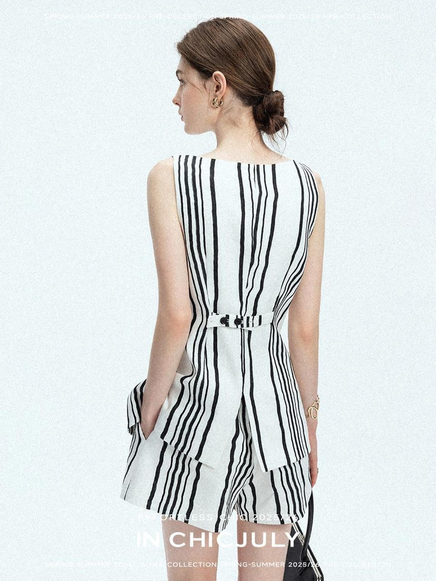 chicjuly Old Money Striped Colorblock Vest And Shorts Women's Pant Suits
