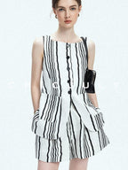 chicjuly Old Money Striped Colorblock Vest And Shorts Women's Pant Suits