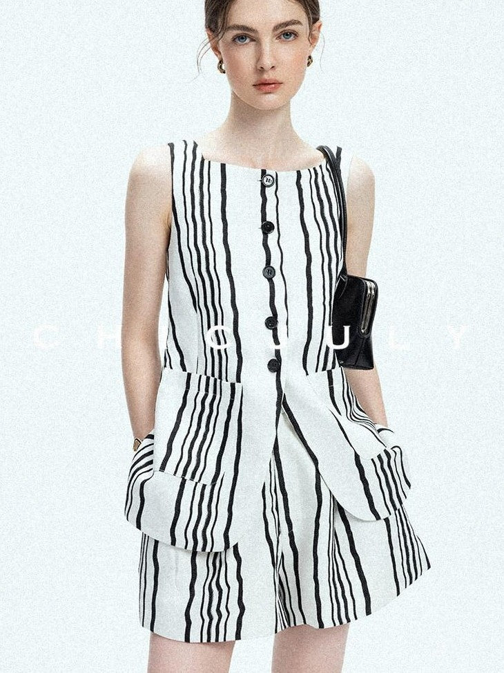 chicjuly Old Money Striped Colorblock Vest And Shorts Women's Pant Suits