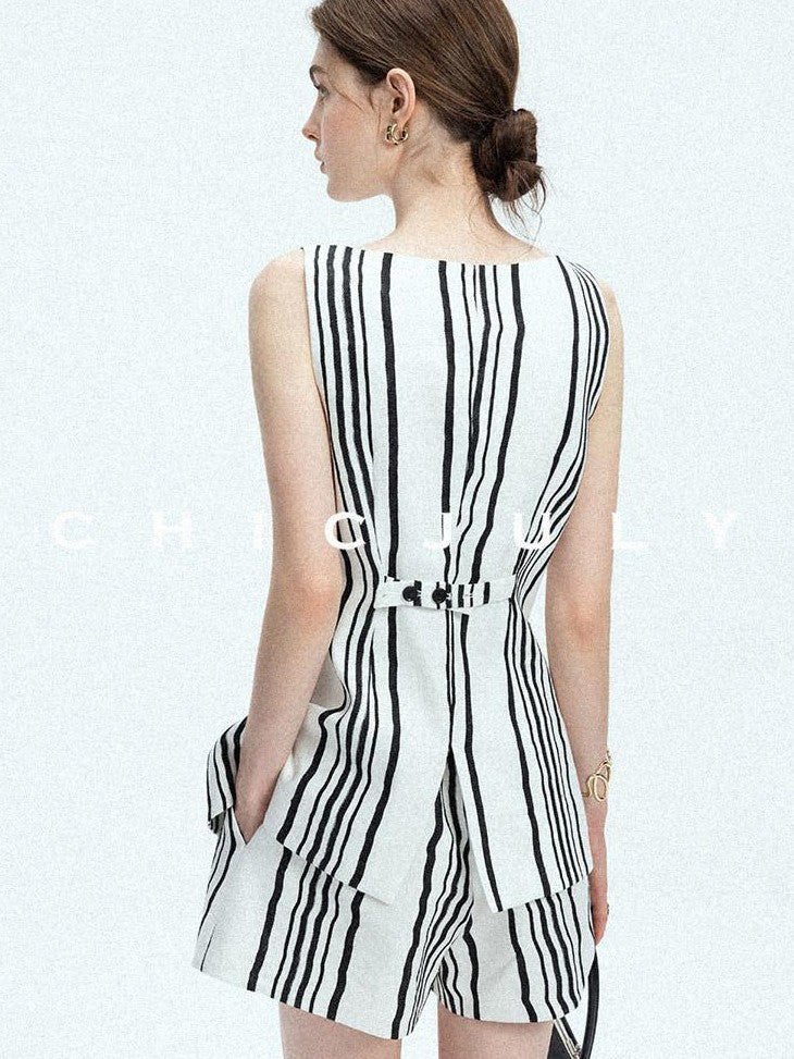 chicjuly Old Money Striped Colorblock Vest And Shorts Women's Pant Suits