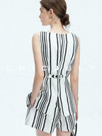 chicjuly Old Money Striped Colorblock Vest And Shorts Women's Pant Suits