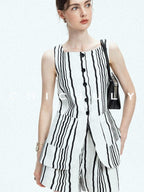 chicjuly Old Money Striped Colorblock Vest And Shorts Women's Pant Suits