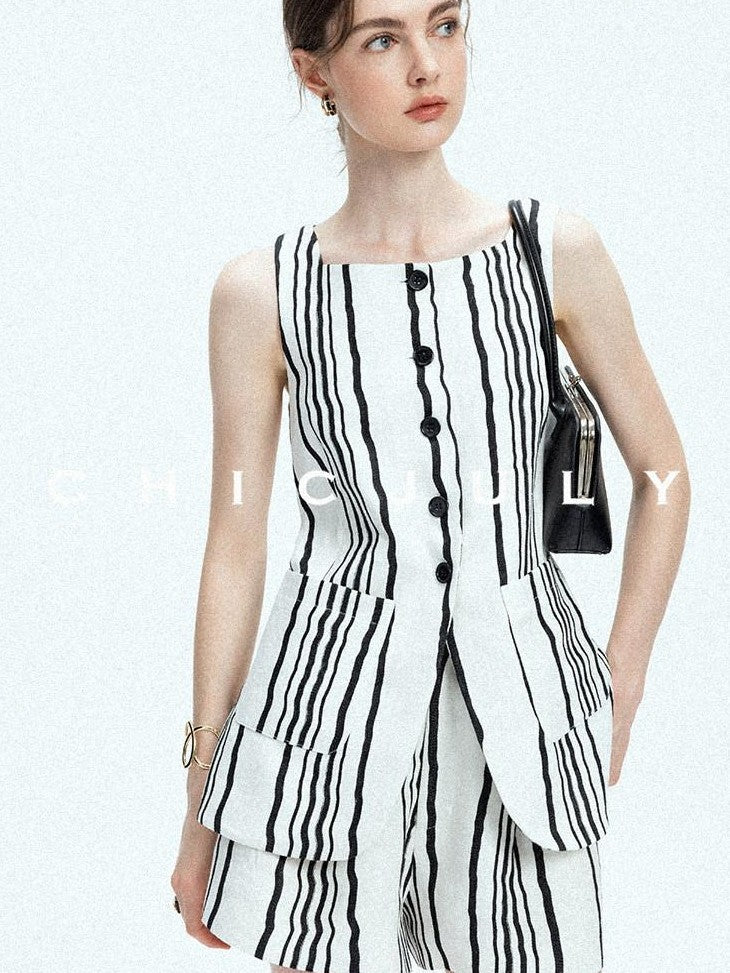 chicjuly Old Money Striped Colorblock Vest And Shorts Women's Pant Suits