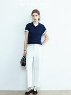 chicjuly Openwork Yarn Curved Silhouette Women's High Waist Straight Leg Chinos