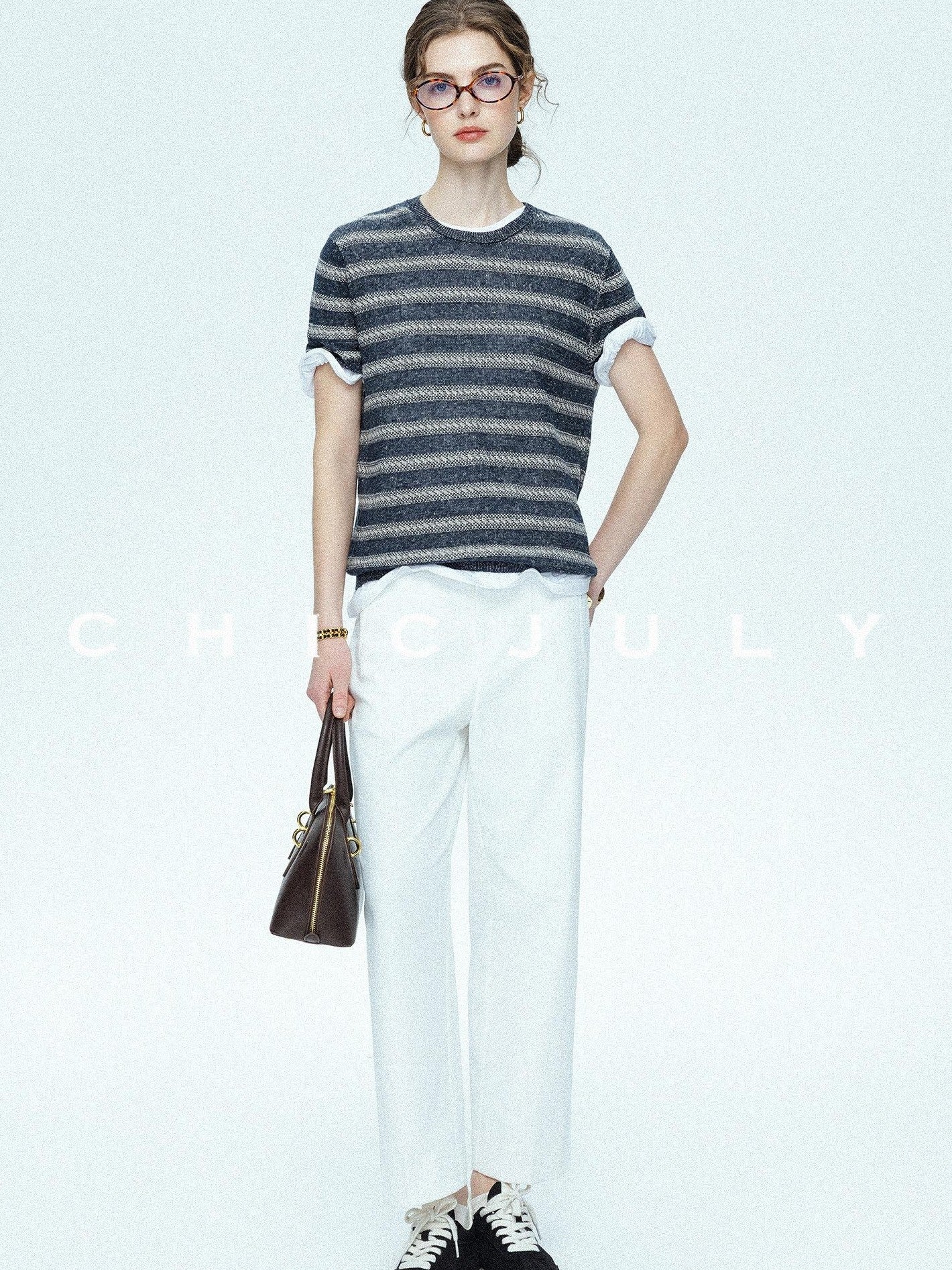 chicjuly Openwork Yarn Curved Silhouette Women's High Waist Straight Leg Chinos