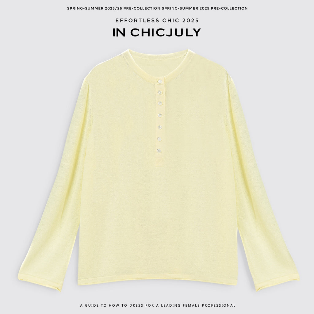 chicjuly Pale Lemon Buttoned Henley Relaxed Women's Linen Uv Long Sleeve T-shirts 930516603897