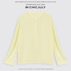 chicjuly Pale Lemon Buttoned Henley Relaxed Women's Linen Uv Long Sleeve T-shirts 930516603897