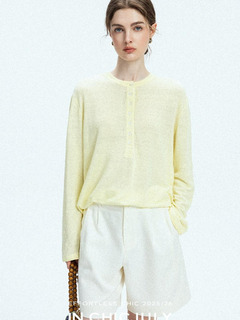 chicjuly Pale Lemon Buttoned Henley Relaxed Women's Linen Uv Long Sleeve T-shirts