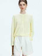 chicjuly Pale Lemon Buttoned Henley Relaxed Women's Linen Uv Long Sleeve T-shirts