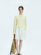 chicjuly Pale Lemon Buttoned Henley Relaxed Women's Linen Uv Long Sleeve T-shirts