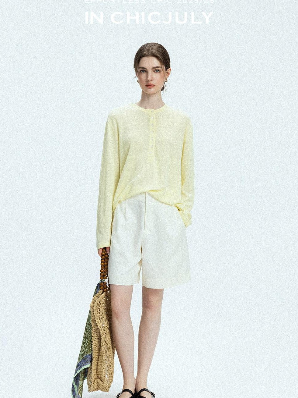 chicjuly Pale Lemon Buttoned Henley Relaxed Women's Linen Uv Long Sleeve T-shirts