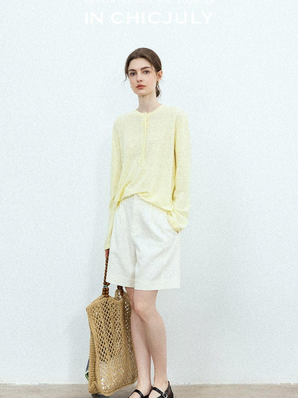 chicjuly Pale Lemon Buttoned Henley Relaxed Women's Linen Uv Long Sleeve T-shirts