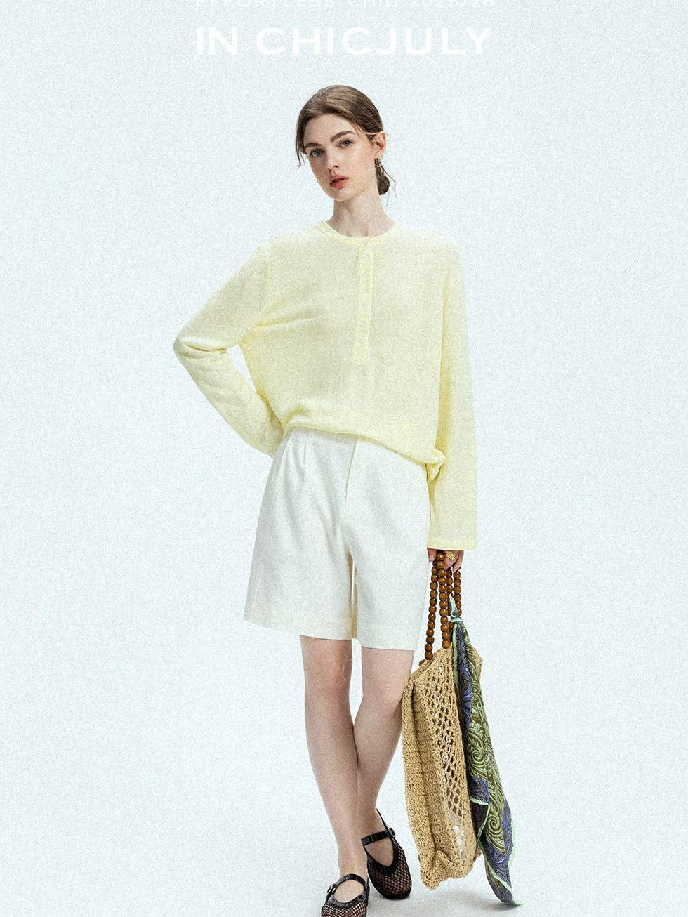 chicjuly Pale Lemon Buttoned Henley Relaxed Women's Linen Uv Long Sleeve T-shirts
