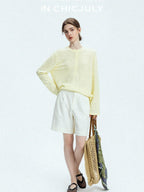 chicjuly Pale Lemon Buttoned Henley Relaxed Women's Linen Uv Long Sleeve T-shirts
