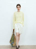 chicjuly Pale Lemon Buttoned Henley Relaxed Women's Linen Uv Long Sleeve T-shirts