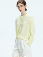 chicjuly Pale Lemon Buttoned Henley Relaxed Women's Linen Uv Long Sleeve T-shirts