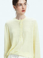 chicjuly Pale Lemon Buttoned Henley Relaxed Women's Linen Uv Long Sleeve T-shirts