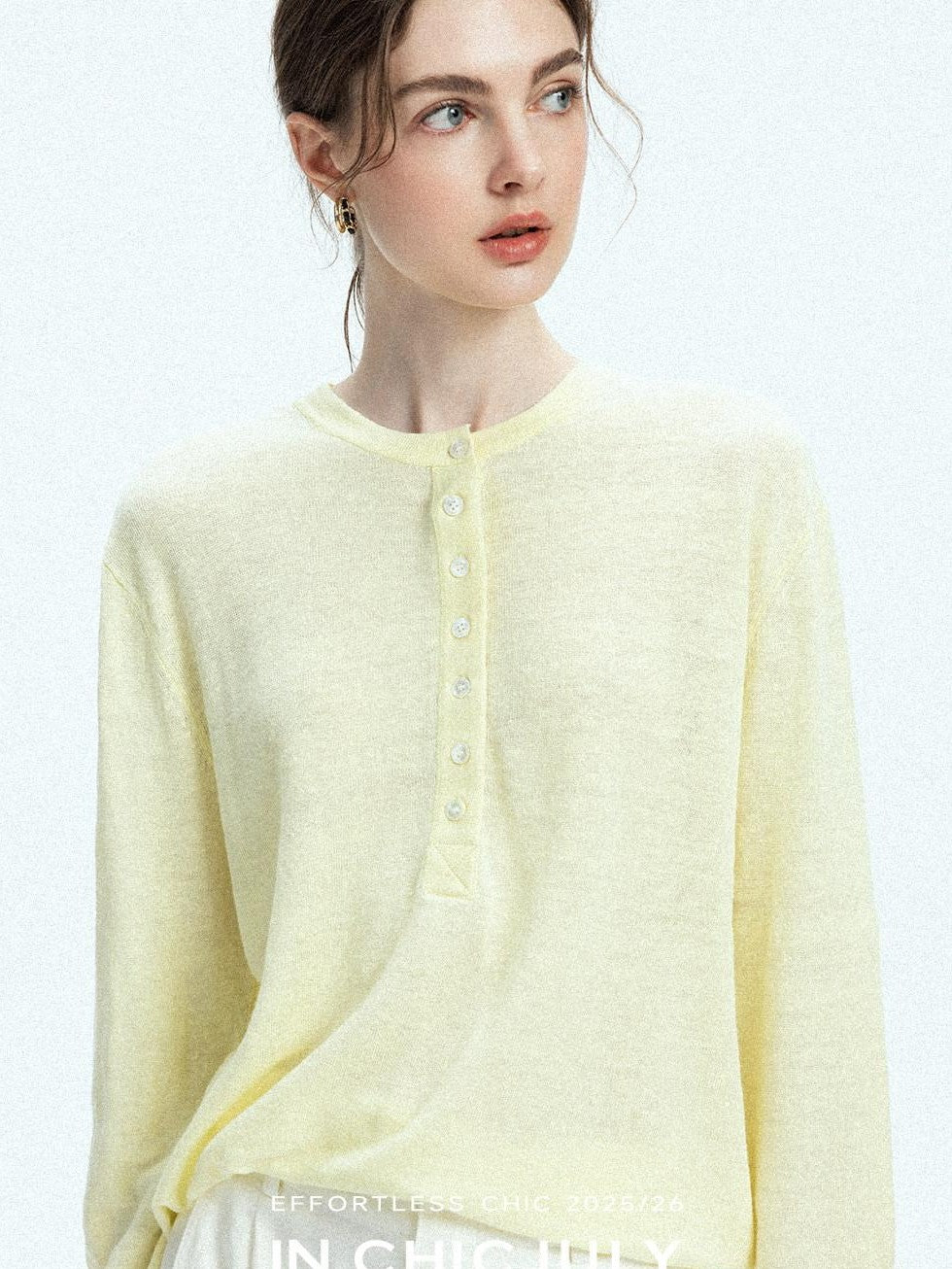 chicjuly Pale Lemon Buttoned Henley Relaxed Women's Linen Uv Long Sleeve T-shirts