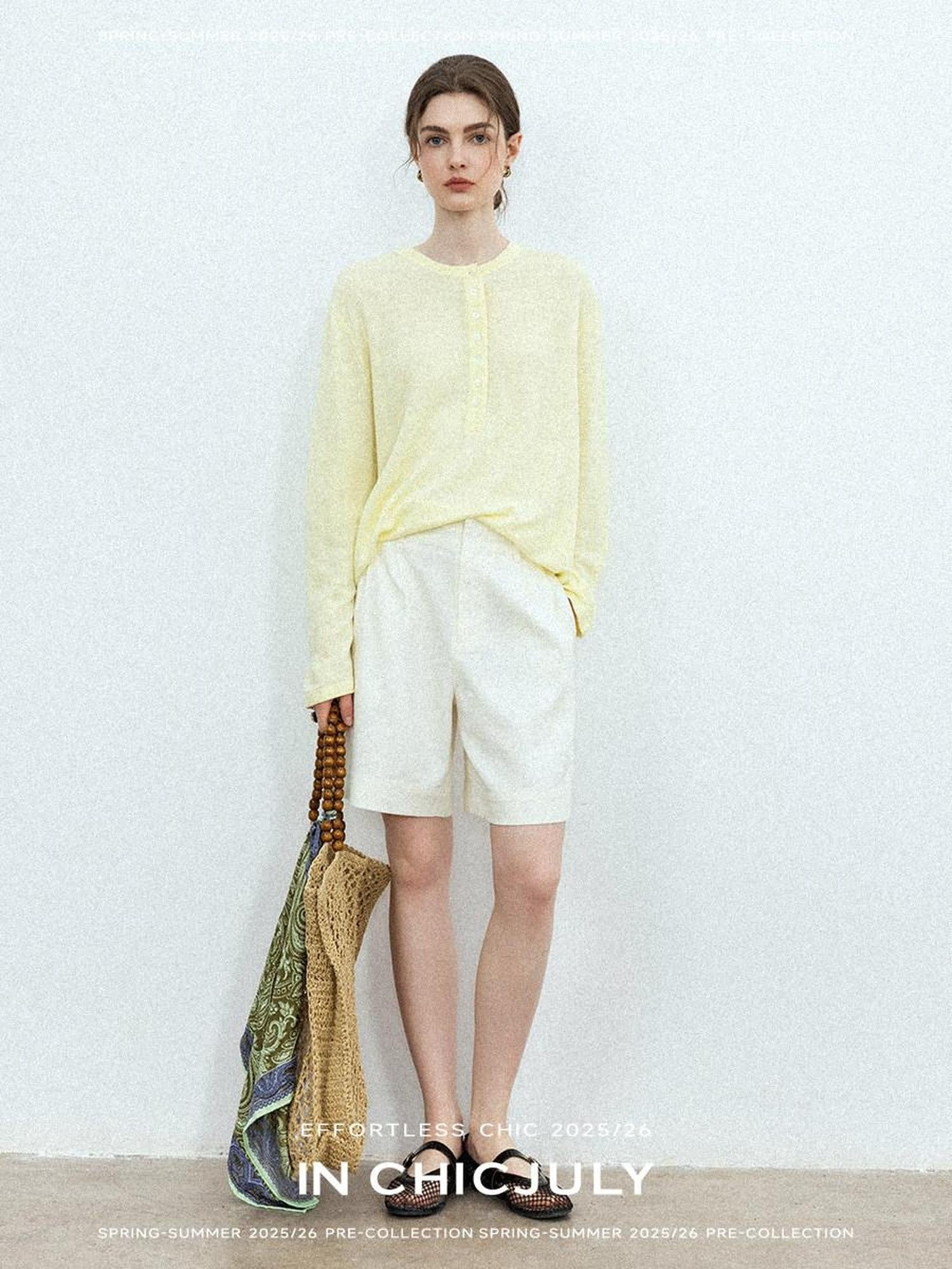 chicjuly Pale Lemon Buttoned Henley Relaxed Women's Linen Uv Long Sleeve T-shirts