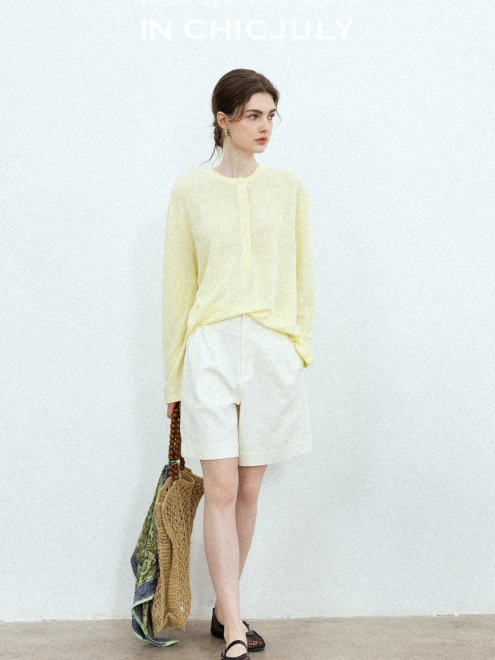 chicjuly Pale Lemon Buttoned Henley Relaxed Women's Linen Uv Long Sleeve T-shirts