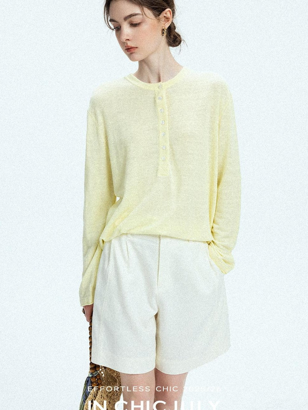 chicjuly Pale Lemon Buttoned Henley Relaxed Women's Linen Uv Long Sleeve T-shirts