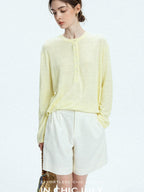 chicjuly Pale Lemon Buttoned Henley Relaxed Women's Linen Uv Long Sleeve T-shirts