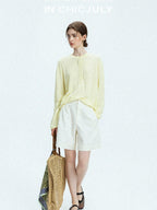 chicjuly Pale Lemon Buttoned Henley Relaxed Women's Linen Uv Long Sleeve T-shirts