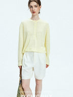 chicjuly Pale Lemon Buttoned Henley Relaxed Women's Linen Uv Long Sleeve T-shirts
