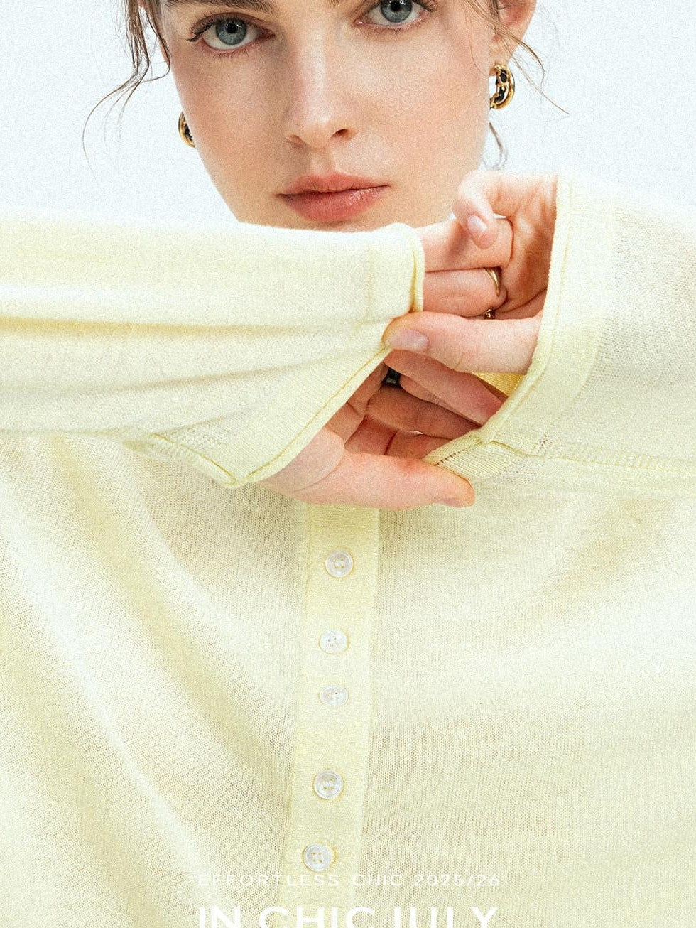 chicjuly Pale Lemon Buttoned Henley Relaxed Women's Linen Uv Long Sleeve T-shirts