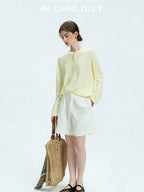 chicjuly Pale Lemon Buttoned Henley Relaxed Women's Linen Uv Long Sleeve T-shirts