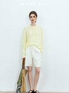 chicjuly Pale Lemon Buttoned Henley Relaxed Women's Linen Uv Long Sleeve T-shirts