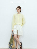 chicjuly Pale Lemon Buttoned Henley Relaxed Women's Linen Uv Long Sleeve T-shirts
