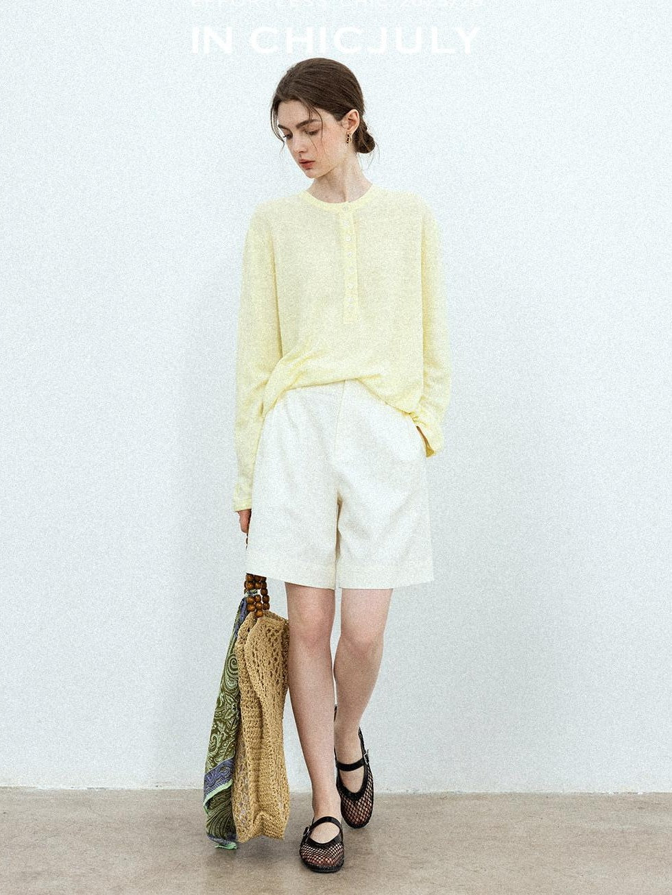 chicjuly Pale Lemon Buttoned Henley Relaxed Women's Linen Uv Long Sleeve T-shirts