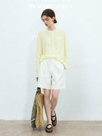 chicjuly Pale Lemon Buttoned Henley Relaxed Women's Linen Uv Long Sleeve T-shirts