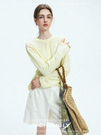 chicjuly Pale Lemon Buttoned Henley Relaxed Women's Linen Uv Long Sleeve T-shirts