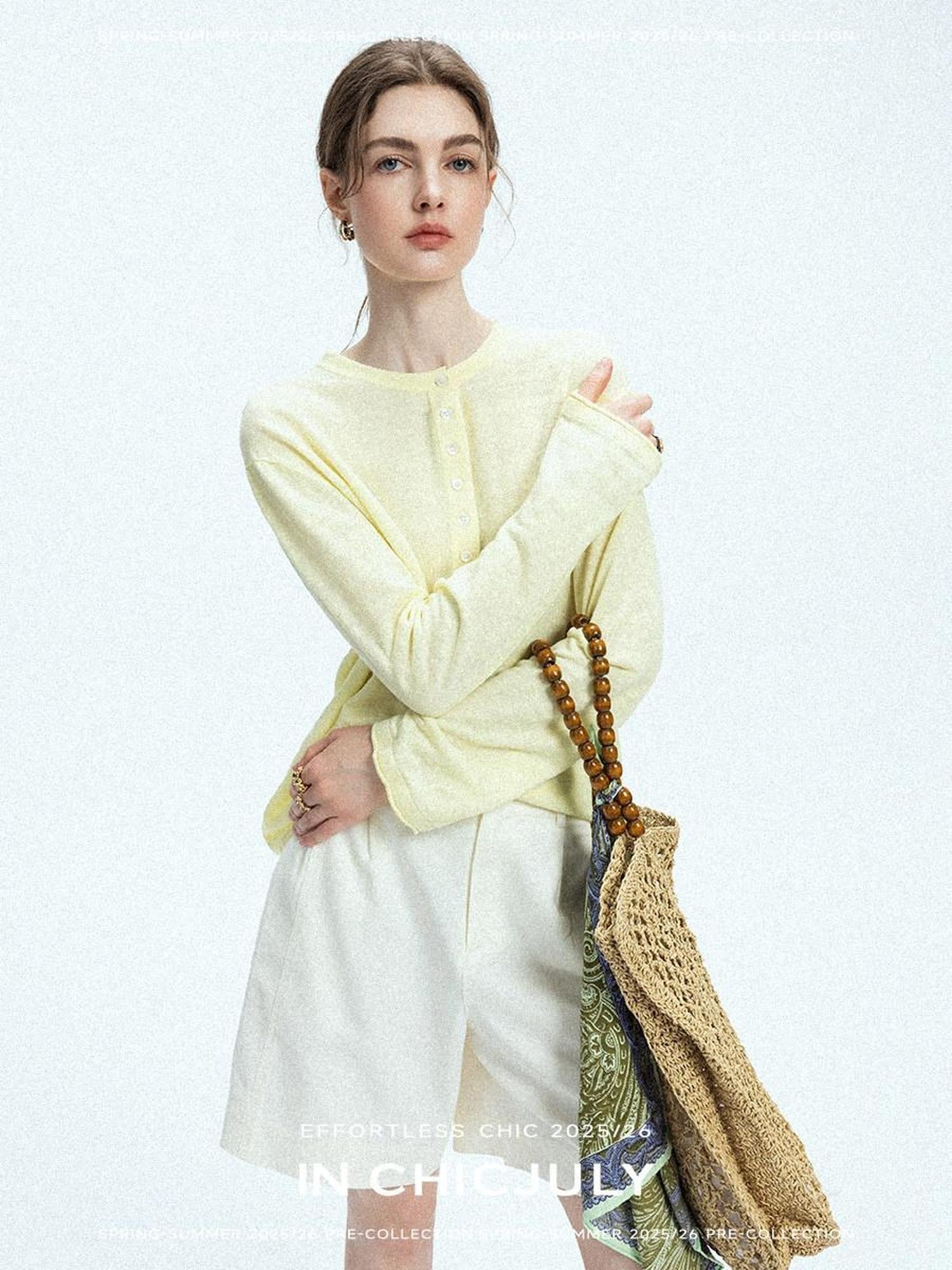 chicjuly Pale Lemon Buttoned Henley Relaxed Women's Linen Uv Long Sleeve T-shirts